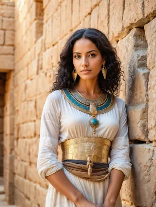 Portrait of a woman with brown eyes and black curly hair wearing golden Egyptian jewelry and a white dress, standing against a stone wall.