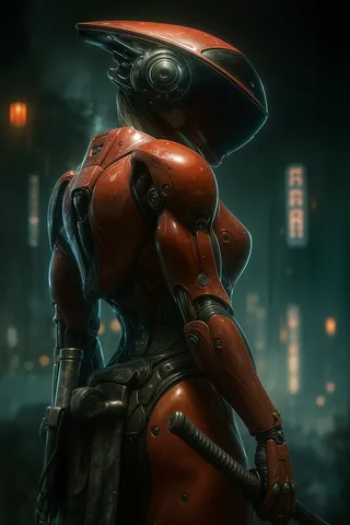 Rear 3/4 view of a red cybernetic samurai with a visor helmet and worn enamel armor, holding a sheathed katana in a neon-lit, rainy megacity with teal-orange bokeh and fog.