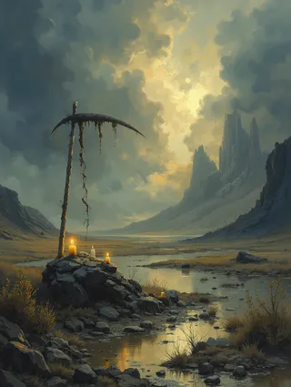 Painting of a serene geothermal field landscape with a large curved wooden structure and candles, set under golden hour lighting with foggy ambiance and expressive brushstrokes.