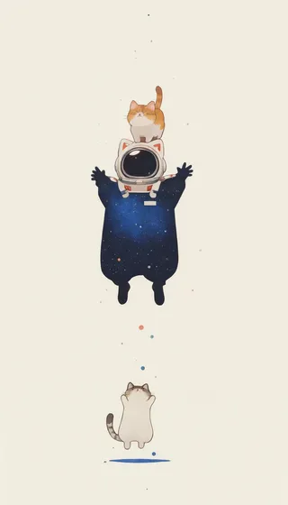 Two cats playfully jumping with one wearing a space helmet and the other below reaching up, rendered in watercolor style with traditional media textures.