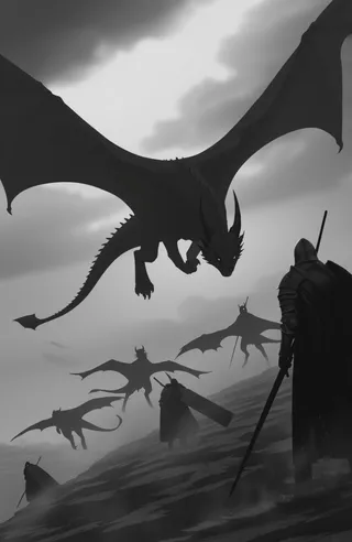 Black and white concept art of flying dragons and armored knights amidst stormy weather with clouds, fog, and mist in a medieval fantasy setting.