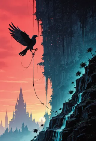 Silhouette of a bird with wings flapping, rappelling from a tall skyscraper clutching a rope-like agave leaf, with a dark salmon sky and teal gradient background, waterfalls on rocky cliffs below.