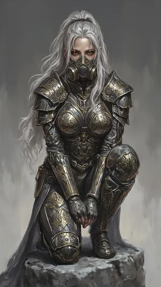 Realistic digital painting of a female warrior with flowing silver hair wearing intricate gold-toned metal armor and a gas mask, kneeling on a stone with dramatic lighting.