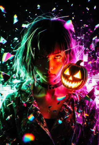 A punk-inspired mysterious figure in neon-lit glitchy robes, with fluorescent spiked hair and a glowing jack-o'-lantern mask emitting fiery orange light in a high-contrast, digital glitch background.