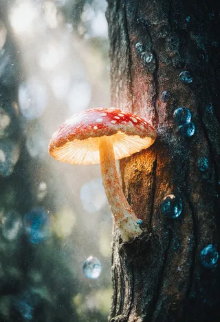 A surreal mushroom with glowing red cap grows sideways from a textured tree bark, surrounded by reflective raindrops and illuminated by soft, cinematic light rays.
