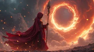 Mystical adult woman cloaked in flowing crimson robes holding an emberlit spear, standing before a fiery circular nebula with glowing clouds and embers floating around, set in an apocalyptic cosmic scene with dramatic volumetric lighting.