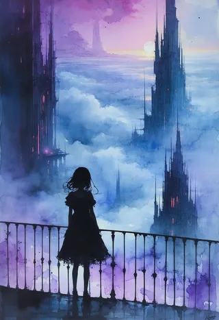 Watercolor painting depicting a girl silhouette standing on a balcony ledge overlooking a futuristic city bathed in neon light with swirling clouds and fog, rendered in dark fantasy and gothic horror style.