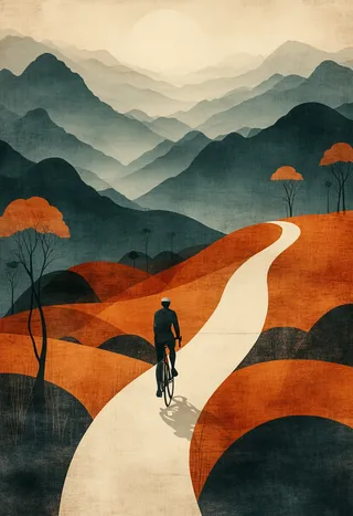 A solitary cyclist silhouette rides along a winding cream path through an orange and dark blue folk-art style landscape with stylized mountains and trees.