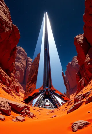 A towering mirrored monolith rises between red sandstone cliffs under a star-filled night sky, reflecting the orange desert sand scattered with mechanical debris.