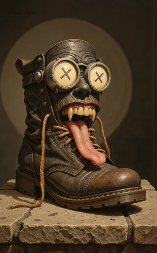 A surreal and worn-out leather boot featuring metallic goggles with X-marked lenses as eyes, a mouth with jagged teeth, and a long pink tongue, set on a textured stone surface with dramatic lighting.