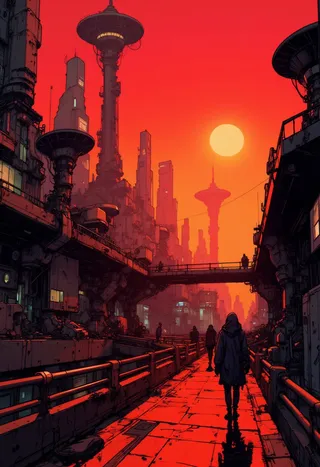 A crimson red and black themed cyberpunk futuristic pedestrian walkway with towering skyscrapers and domes under a large setting sun in an urban metropolis.
