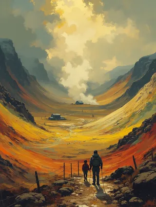 Painting of colorful rhyolite mountains with a cinematic composition showing two hikers walking down a rocky path in a peaceful, serene valley.