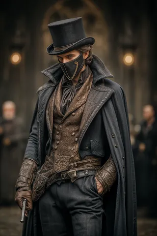 Steampunk vigilante wearing an ornate bronze-embossed waistcoat, leather bracers, chain-masked face covering, black top hat, and a sweeping dark cape, standing in a gaslit Victorian London alley with a slim pistol in hand and a moody, rim-lit, foggy background.