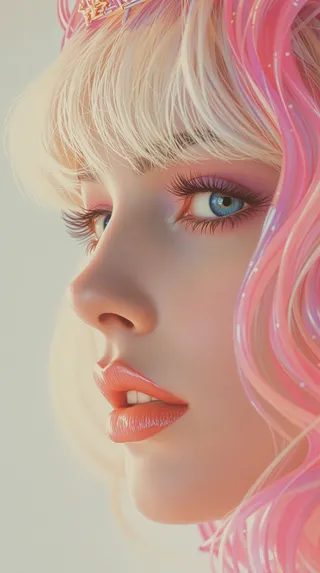 Close-up of a white woman with blue eyes and pink hair styled in an eighties pop album cover style