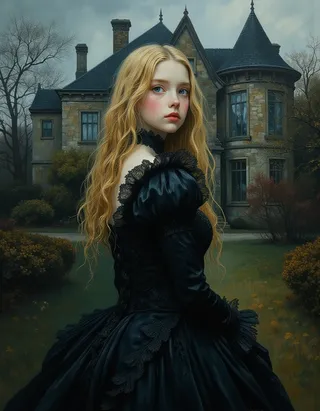 A moody Gothic Victorian princess with long blond hair wearing an intricate black Victorian dress stands gracefully before a grand stone Victorian mansion under an overcast sky.