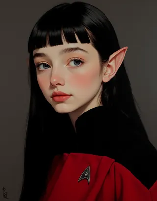 Hyper-realistic quarter profile portrait of a teen Vulcan girl with porcelain skin, blue eyes, long black hair with blunt bangs, wearing a red and black Star Trek TNG uniform, featuring pointed ears and an awkward smile.