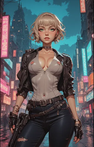 Cyberpunk woman with short blonde hair and green eyes wearing a tight white leotard, black leather cropped jacket, low-rise tight jeans, holding a cyberpunk rifle in a neon-lit city at night.