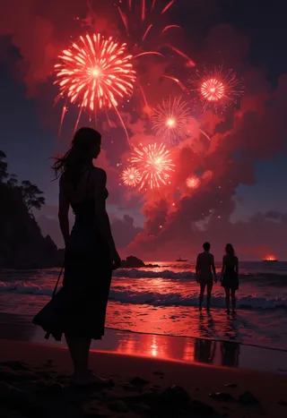 Silhouetted figures watching bright red fireworks bursting over the ocean at night, with reflections illuminating the beach shore.