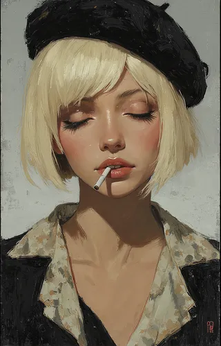 Realistic painting of a blonde woman with a short bob haircut wearing a black beret, eyes closed, smoking a cigarette against a muted grey background.