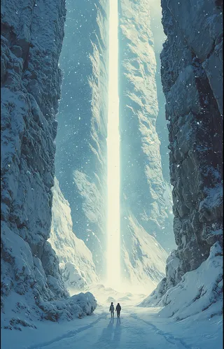 Two humans walk on a snow-covered path through towering icy alien ruins illuminated by a bright vertical light beam under a cold, snowy sky.