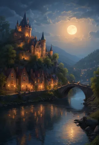 A castle illuminated by warm lights perched on a hill above a stone bridge over a calm river at night, with a glowing full moon and cloudy sky, surrounded by a village and mountains.