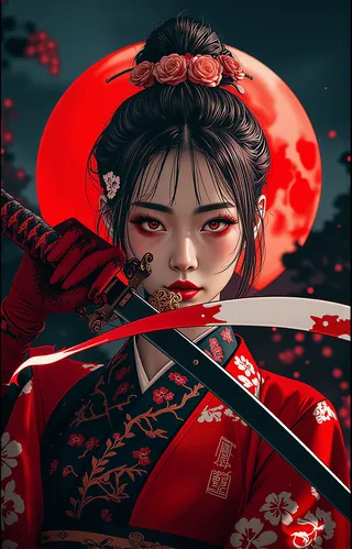 Japanese female warrior in Ukiyo-e style wearing red gloves, holding a katana with a blood-red moon in the dystopian background