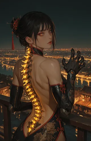 Portrait of a cyborg girl wearing a china dress with a glowing mechanical spine and clawed mechanical arm, standing outdoors at night overlooking a lit urban river cityscape.