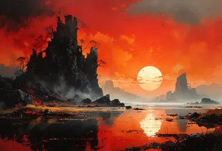 A dark silhouette of ruined towers under a deep crimson dawn sky, with a large setting sun reflecting on the calm water surface, surrounded by mist and rocky terrain.