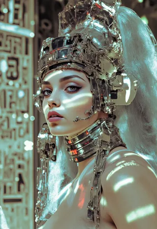 Close-up of a slender, pale high priestess wearing an elaborate metallic-futuristic uraeus headpiece with glowing neon green and red accents, her silver hair luminous, against a backdrop of glowing digital hieroglyphs.
