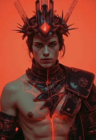 Haunting portrait of a lean male figure with translucent pale skin and glowing crimson veins, wearing a dark, spiked crown and religious armor against an intense red background.