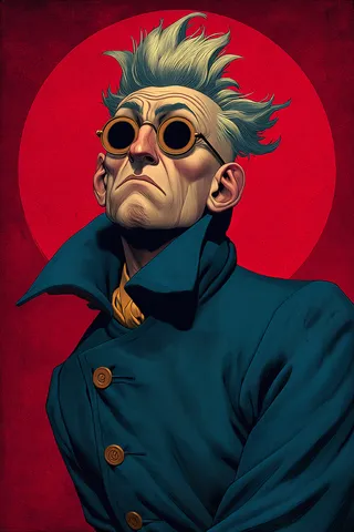 Stylized illustration of an eccentric elder scientist with spiky platinum hair, wearing round brass goggles and a teal trenchcoat against a scarlet circle background.