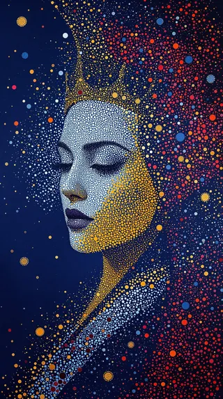 A royal portrait created with pointillism technique using circular drops of paint in indigo, garnet, and saffron on a velvet canvas background.