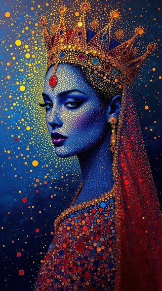 Abstract royal portrait created with pointillism technique, featuring a woman wearing a jeweled crown with dominant indigo skin and garnet and saffron highlights on canvas.