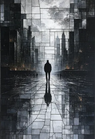 A black and white noir-style cityscape featuring a lone silhouette man standing on a reflective fractured glass pavement with geometric patterns and distorted urban architecture.