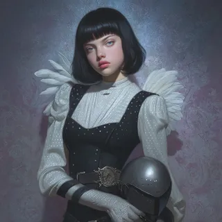 Waist-up portrait of a pale young woman with a blunt black bob hairstyle, wearing a pearl-dotted sheer blouse and black corseted dress, adorned with tiny white feather wings, holding a polished medieval helmet against a cool lavender rose-patterned wallpaper background.