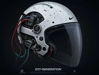 Digital illustration of a futuristic white helmet with black specks, a large transparent visor, visible wires in red and blue, and a black Nike logo on the side.