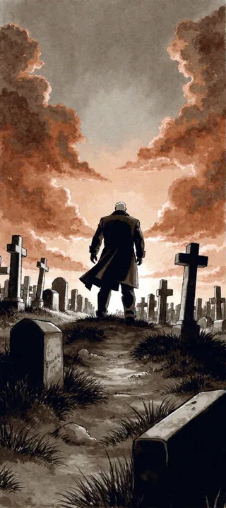 A burly man in a trench coat stands silhouetted against a dramatic orange-red dusk sky in a vast graveyard filled with crosses and tombstones, with long shadows cast on the ground.
