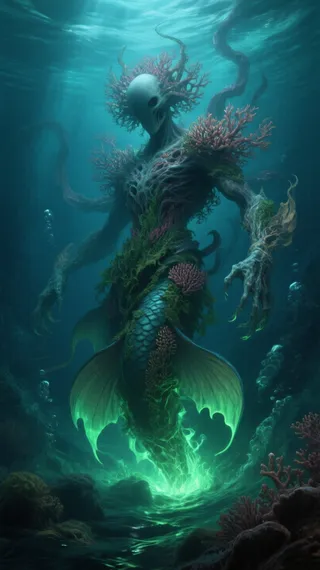 A faceless eldritch deity with coral and seaweed armor rises from abyssal ocean waters glowing with bioluminescent light, surrounded by tentacles and fins.