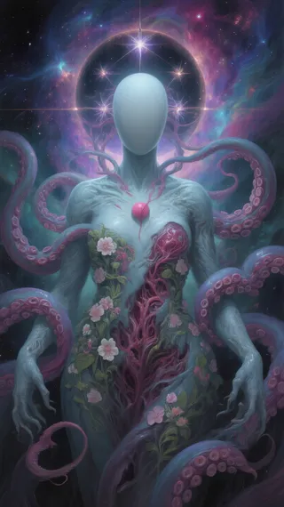 A faceless primordial goddess figure with a blue skin tone, entwined by multiple pink tentacles in a cosmic, ethereal background filled with vibrant nebula colors. Floral motifs and fleshy textures merge on the figure's body, creating a surreal horror-fantasy appearance.