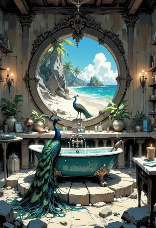 Surreal bathroom featuring a clawfoot bath and a vibrant peacock, framed by a large circular window overlooking a sunny tropical beach with palm trees and blue skies.