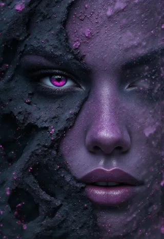 Close-up portrait of a female face with purple haze textured makeup and vibrant purple eyes, featuring a cosmic and surreal digital art style.