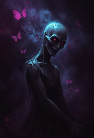 Dark grotesque humanoid figure with glowing pink eyes in a sinister underdark setting surrounded by glowing purple butterflies and mist.