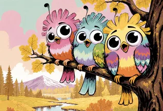 Cartoony illustration of three round googly eyed brightly colored birds with silly plumes sitting closely on a tree branch in a pastel-colored northern autumn landscape.