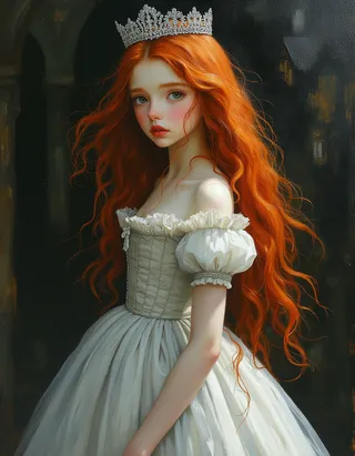 A hyper-realistic oil painting of a petite teen princess with long flowing red hair and green eyes wearing a simple off-shoulder Victorian dress with a corseted bodice, standing outside a castle with a silver crown on her head.