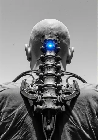 Photorealistic black and white image of a bald person's back with a mechanical spine featuring a glowing blue light, blending surrealism, technology, and anatomy.