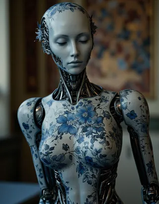 A photo-realistic humanoid robot adorned with intricate blue and white floral patterns, with closed eyes and a serene expression, standing in a softly lit, blurred room.