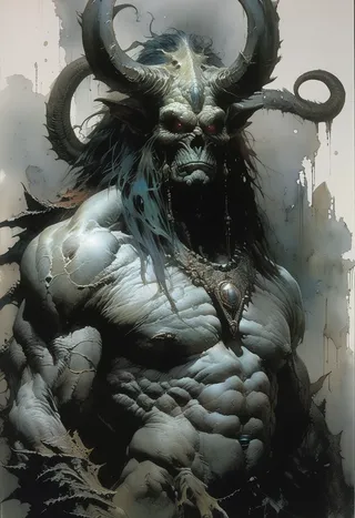 A hyperdetailed fantasy concept art featuring a horned demonic creature with dark hair, glowing red eyes, intricate tribal necklace, and muscular body, rendered in Frank Frazetta style with watercolor wash effects.