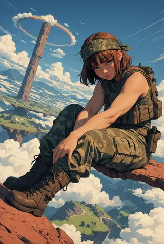 A fit girl wearing a camouflage tactical vest and cargo pants with a bandana headwrap sits on a rocky ledge overlooking floating islands connected by rainbow arches, with a tall stone pillar crowned by a rainbow halo in the background under a blue sky with clouds.