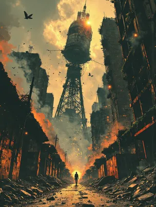 A lone silhouetted figure walking down a debris-filled street surrounded by crumbling buildings towards a massive leaning communication tower at sunset, with birds flying overhead and dramatic warm lighting.