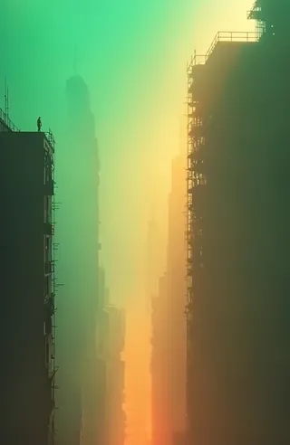 Foggy cityscape with tall buildings covered in scaffolding lit by neon green and orange light, featuring a small figure standing on a rooftop.